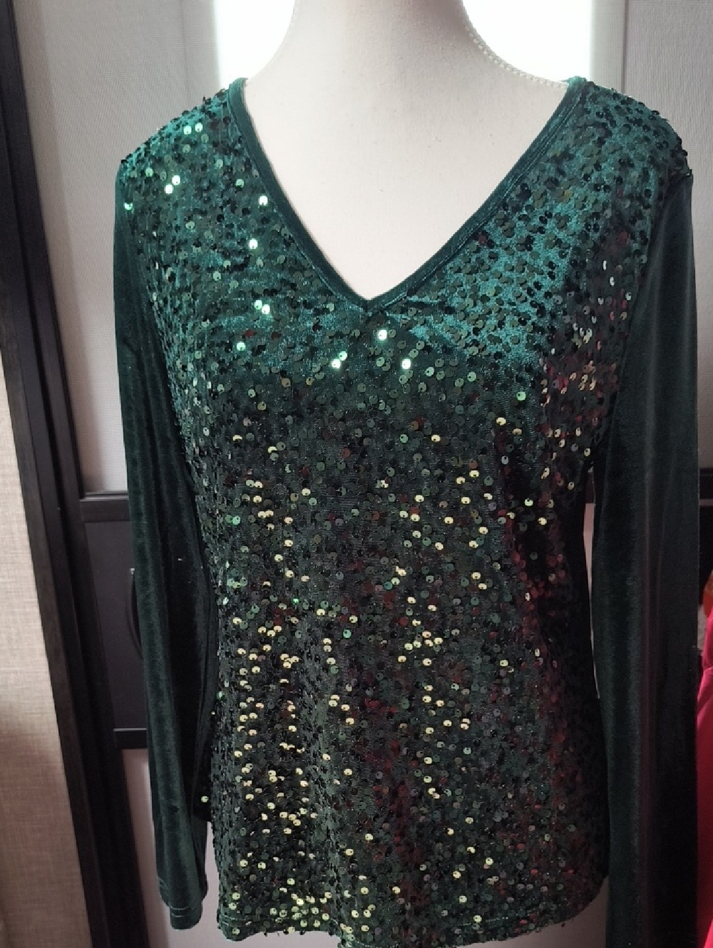 Green Sequin V-Neck Long-Sleeve Top